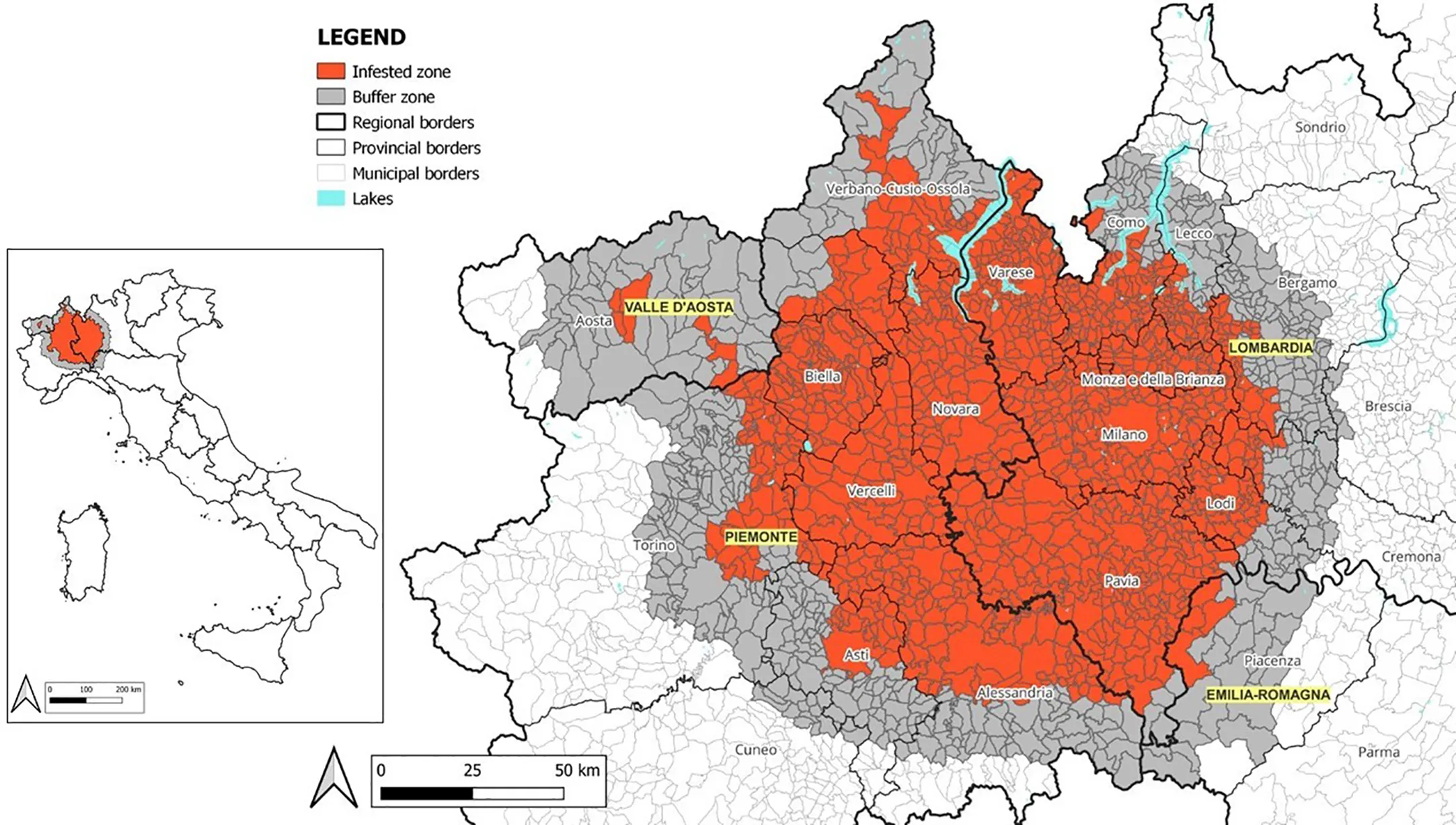 Mappa della diffusione di Popillia japonica in Nord Italia